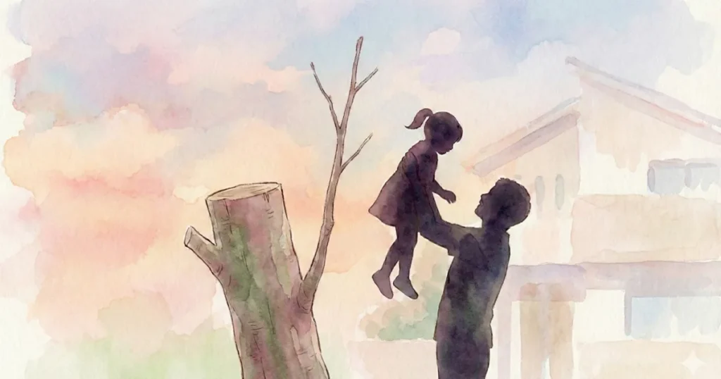夕焼けの中、剪定した桜の傍で娘を抱き上げる父子のイラスト。植木小説第二話の主題である、ぶつ切りされたソメイヨシノの再生と家族の絆を象徴する、一本のリーダー枝に希望を託したシーンです。