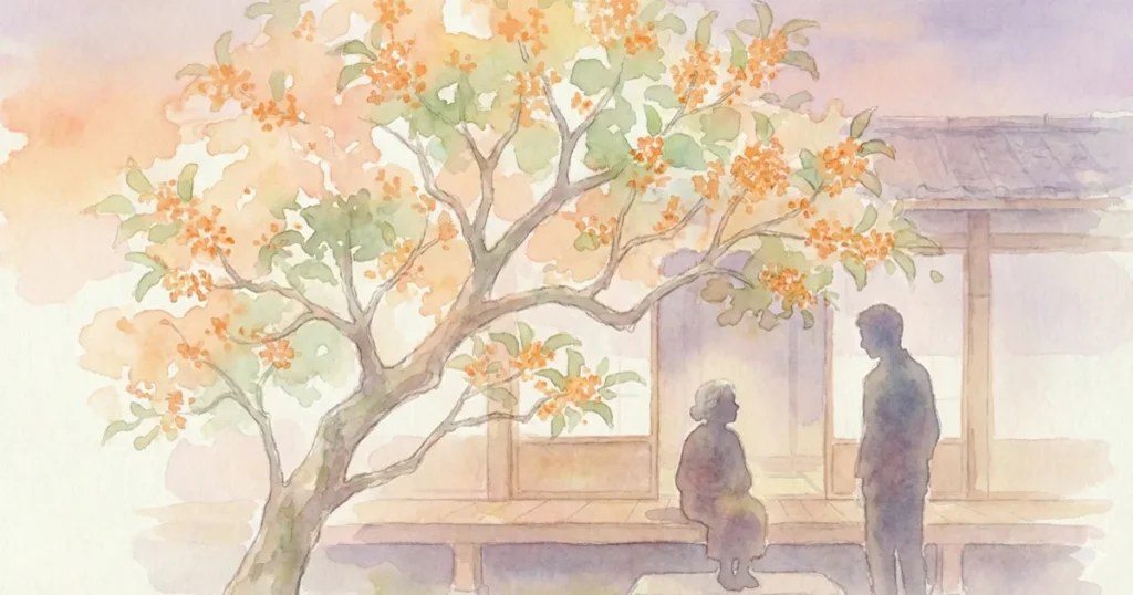 夕暮れの庭に咲く金木犀と、縁側に座る老母を息子が見守るイラスト。植木小説第四話の主題である、思い出の香りを剪定で守り、家族の絆を再び結び直す温かな再生のシーンを描写しています。