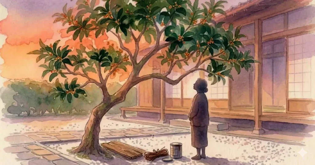 夕暮れの庭で、立派なモッコクの木を静かに見上げる女性の水彩画イラスト。木の根元には夫が残した番線や癒合剤の缶などの道具が置かれており、植木小説第五話の主題である、残された道具と手入れされた庭木から夫の不器用な愛情を読み取る情景を描写しています。